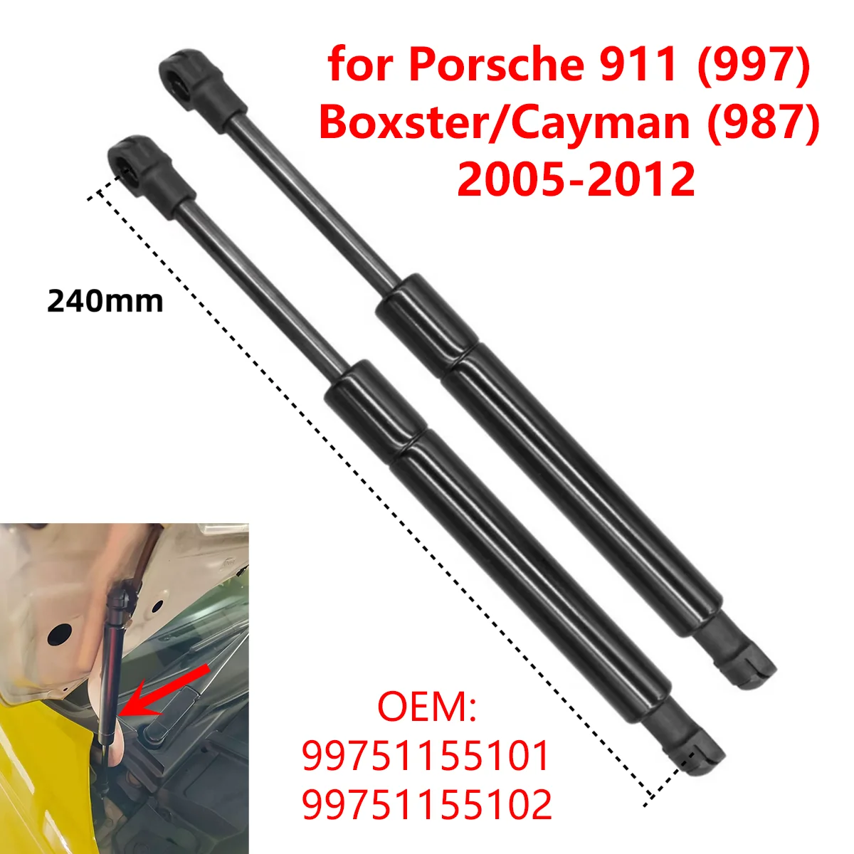 2Pcs 99751155101 Car Front Bonnet Engine Hood Gas Struts Lift Support Rods for Porsche 911 997 Boxster Cayman 987 2004-2013