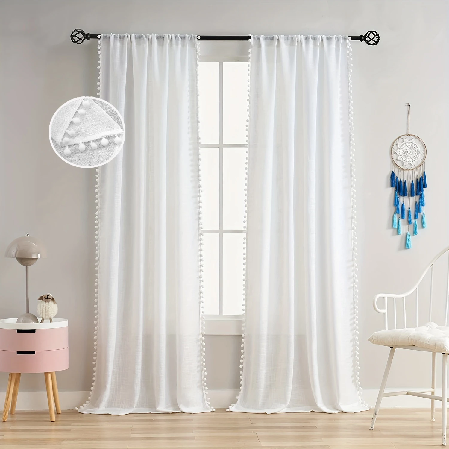 1Pc,White Linen Texture Tulle Curtains with Pom Pom Lace Decorative, Semi-Opaque Simple Living Room Window Drapes for Bedroom