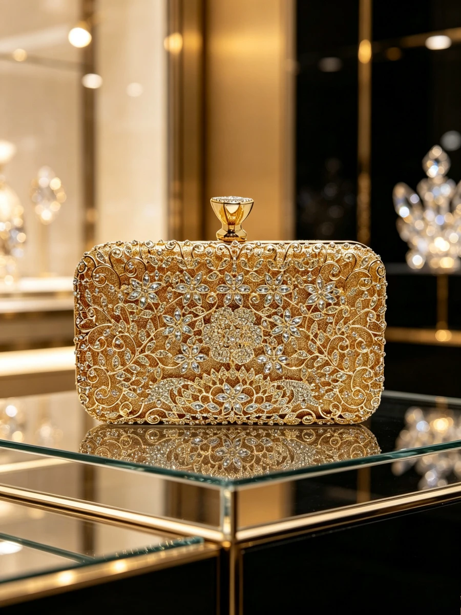 Gold Hollow Floral Rhinestone Rectangle Clutch Bag Full Crystal Beaded Metal Lock Evening Handbag Luxury Wedding Purse For Women
