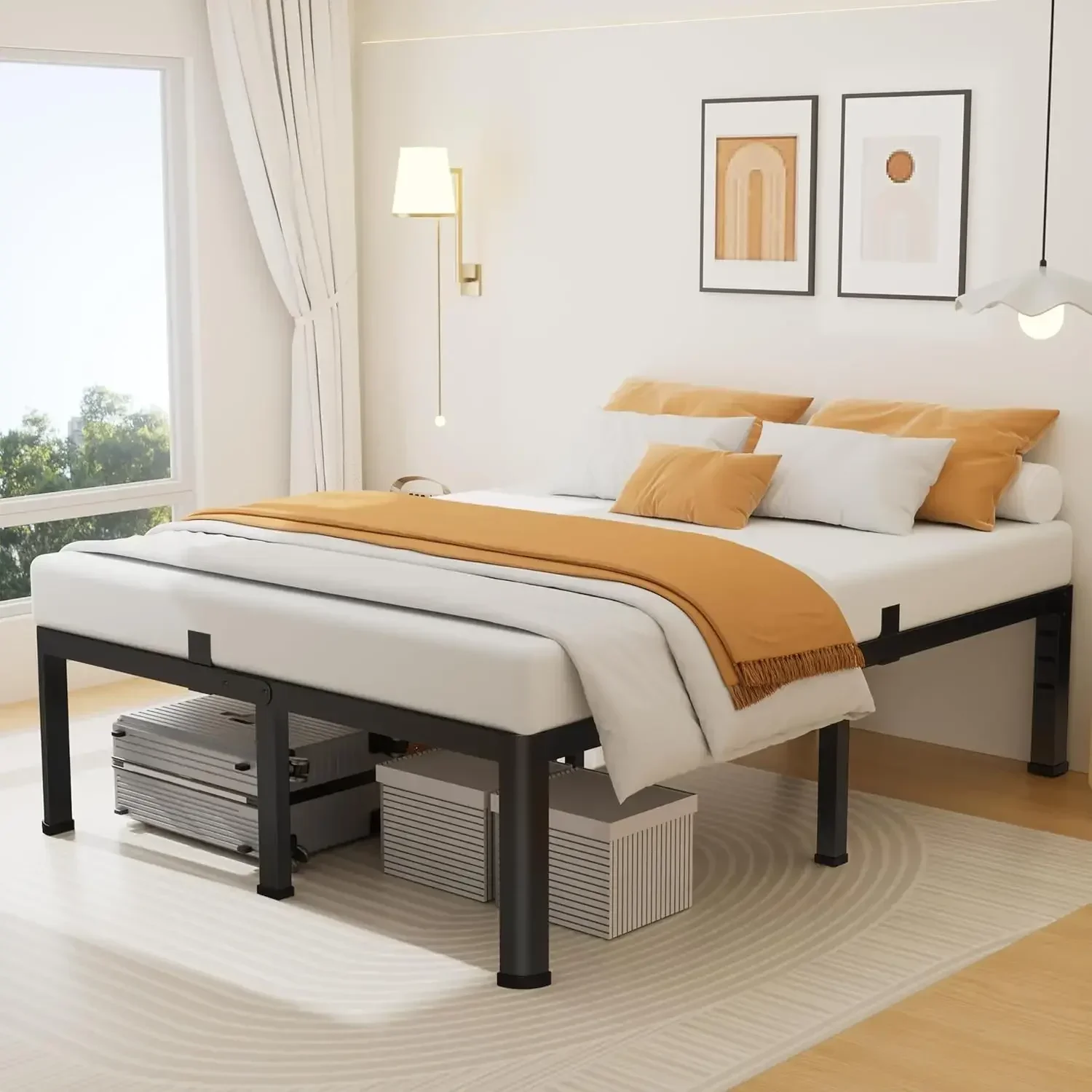 20 Inch Queen Size Metal Platform Bed Frame with Round Corners Storage Space Under High Bed Frame Heavy Duty Steel Slats