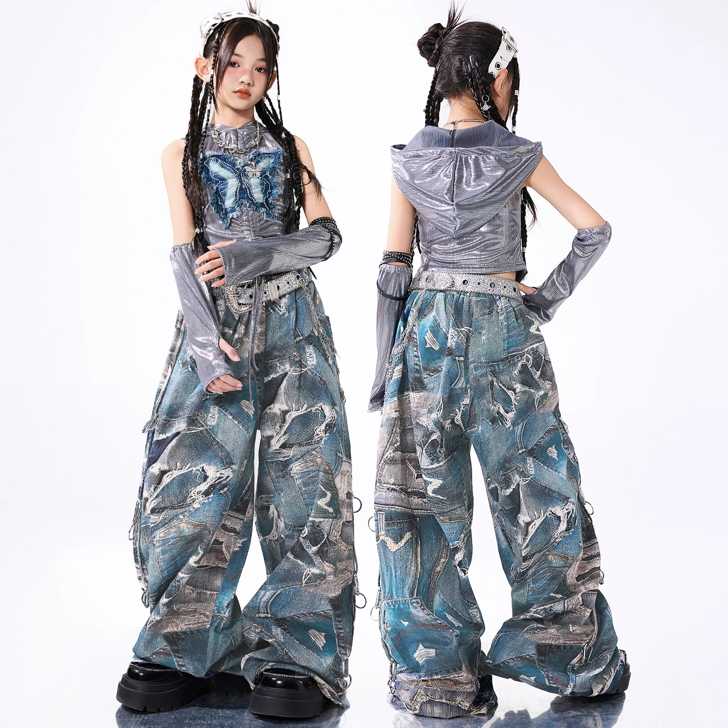 

Костюм для джазового танца для черлидинга, одежда для группового выступления для девочек, одежда для K-pop, детская одежда в стиле хип-хоп, костюм для уличных танцев, сценическая одежда XS10509