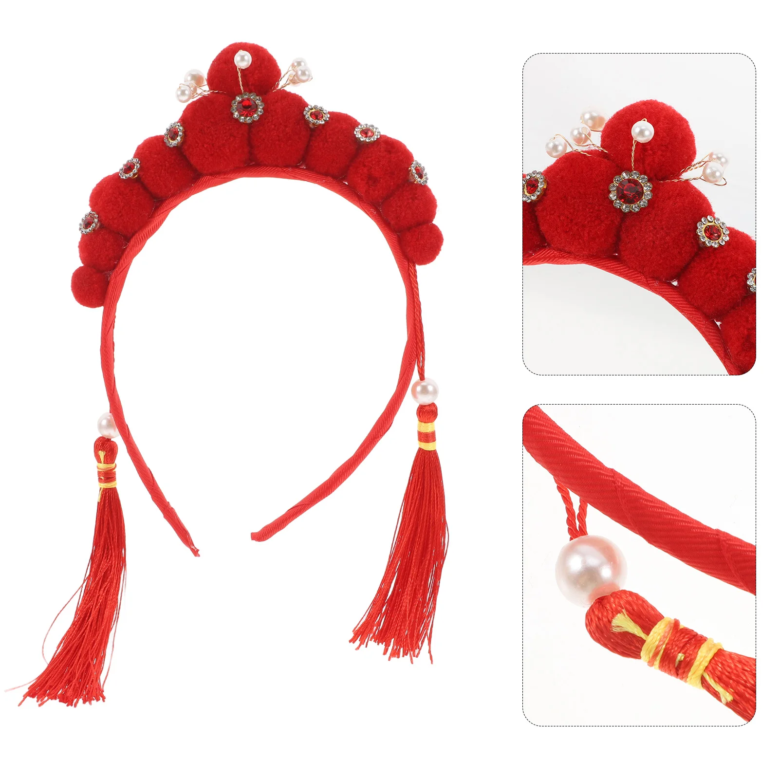 

Chinese Opera Style Headband Tassel Furry Ball Pearl Hair Band Traditional Hanfu Cosplay Accessories New Year Party Costume