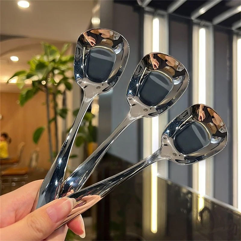 6PCS Squarehead Stainless Steel Spoons,Head Ice Cream Spoons, Arithmeticn Spoons, Rice Spoons, Soup Spoons