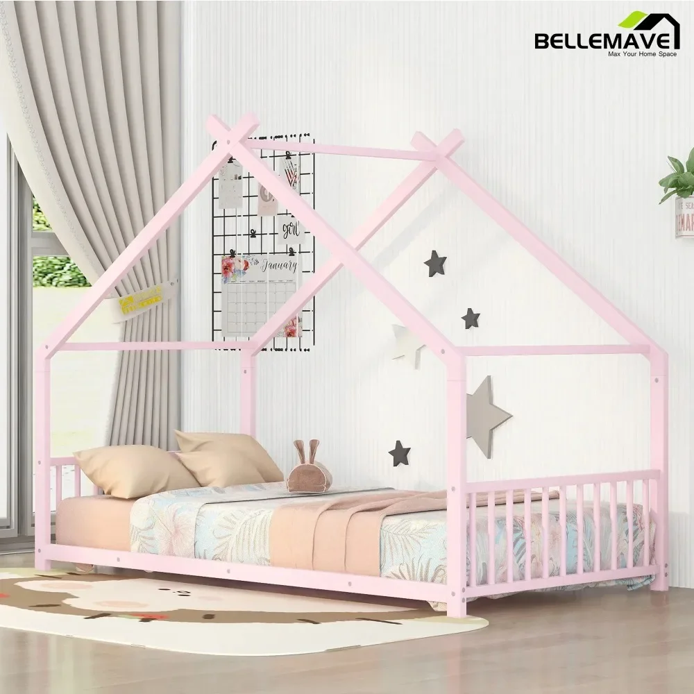 

Modern Twin Toddler Child Boys Girls Metal House Bed with Headboard Footboard Roof, Children Beds with Sturdy and Durable Frame