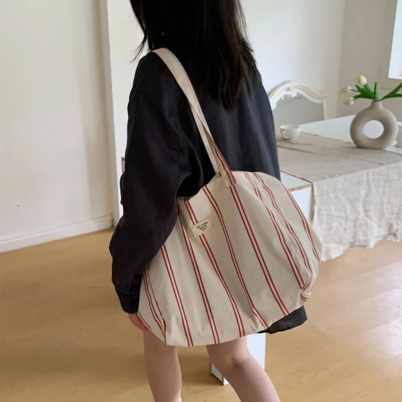 Simple Style Large Capacity Striped Handbag Canvas Tote Bag for Women, Girl Summer Daily Work Commute/Beach Purse Shoulder Bag