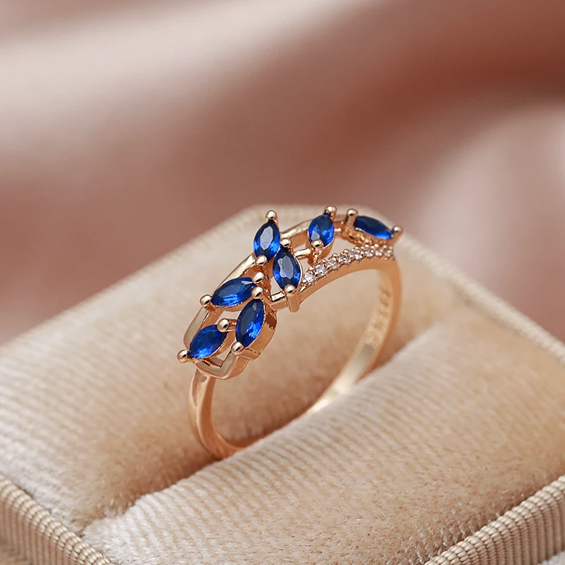 SYOUJYO Leaf Shape Blue Natural Zircon Full Paved Rings For Women Daily Multipurpose Fashion Slim Copper Jewelry Gift