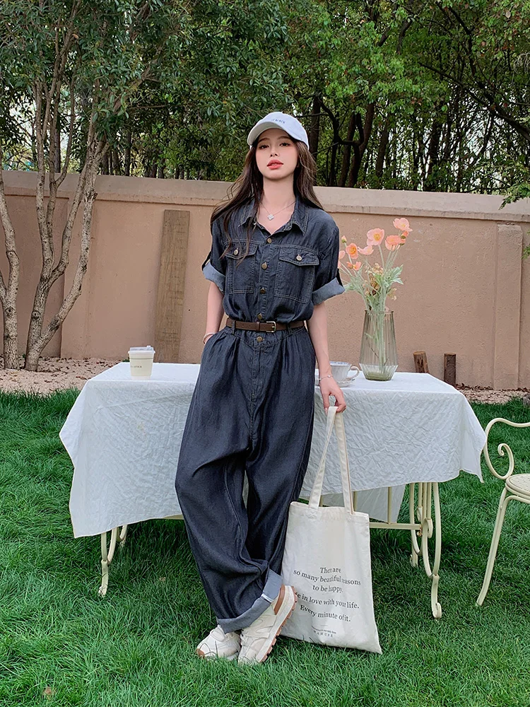 

Deep Blue Silk Denim Overalls Women's Summer Thin Wide Leg Pants Casual Cool Retro Hong Kong Style Commute Straight Tube