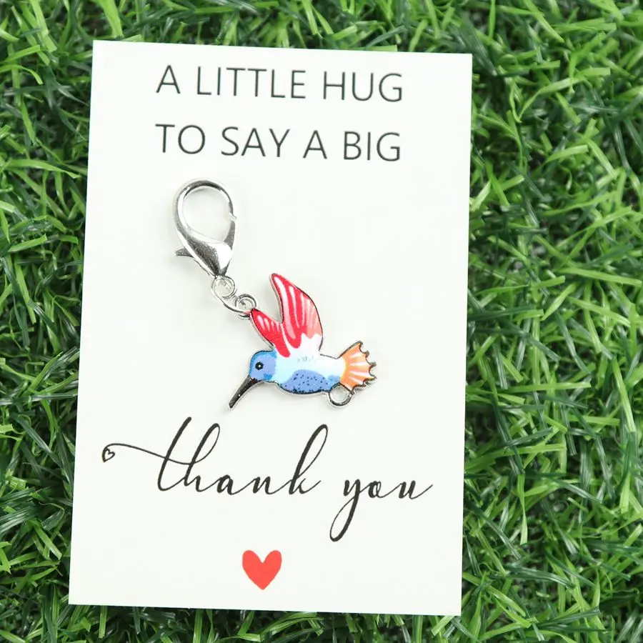 6 Pcs Animal Small Hummingbird Keychain Sets, Including a Thank-You Envelope and Card, with Hummingbird Keychains.