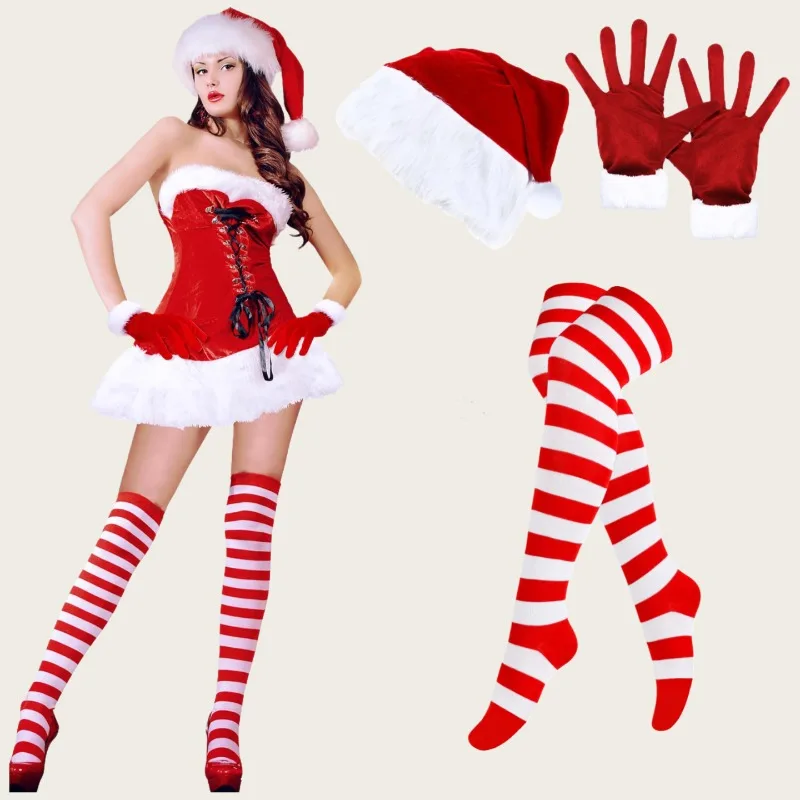 3-teiliges Mrs.Santa Claus Sexy Kostüm, inklusive Socken, Handschuhen und Hut, für Erwachsene Frauen, Mädchen, Weihnachtsfeier, Cosplay, Rot, Weiß