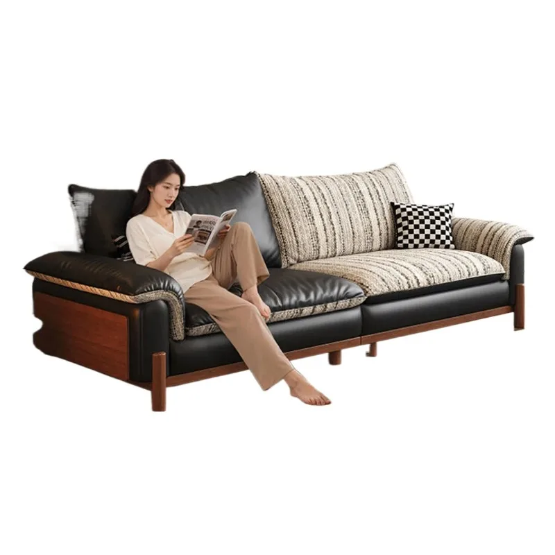 GZ-17 New arrival medieval style leather and cloth dual-purpose sofa living room small apartment straight row solid wood sofa