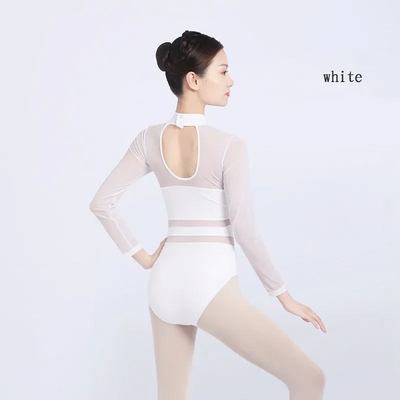 Women Ballet Leotard Mesh High Neck Turtleneck Gymnastics Leotard Girls Stretch Black White Ballet Bodysuit Adult Dance Costumes