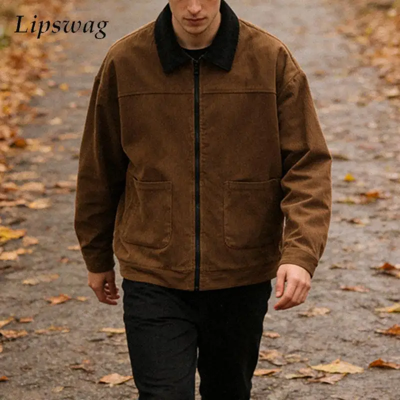 

Мужские вельветовые куртки в стиле стритвир, винтажные, с контрастными вставками, стильные, на молнии, с отложным воротником