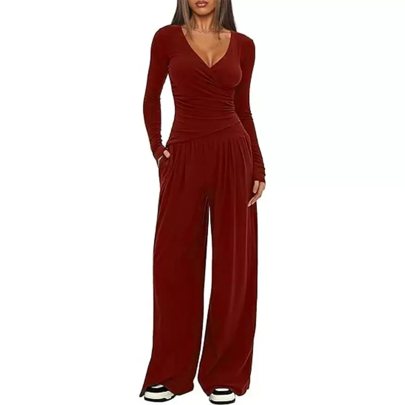 

Fashion Two-piece Set For Women Autumn Winter V-neck Solid Color Casual Suit Comfortable Slim Top Loose Pant Daily Female Outfit