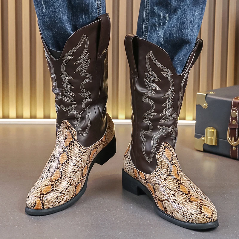 High Cut Western Cowboy Boots for Men Classic and Fashionable Snake Skin Pattern Splicing Burnt Flower Embroidery Men Boots
