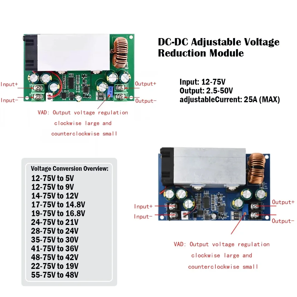 High Power 600W 25A DC-DC Adjustable Voltage Reduction Module 12V-75V to 5V 19V 21V 24V 48V with Low Isolation Voltage
