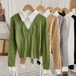 Women's Patchwork Shirt Cable Knitted Sweater Pullover Tops Trendy Casual Button Long Sleeve Shirt 2 in 1 Pullover Blouse Tops