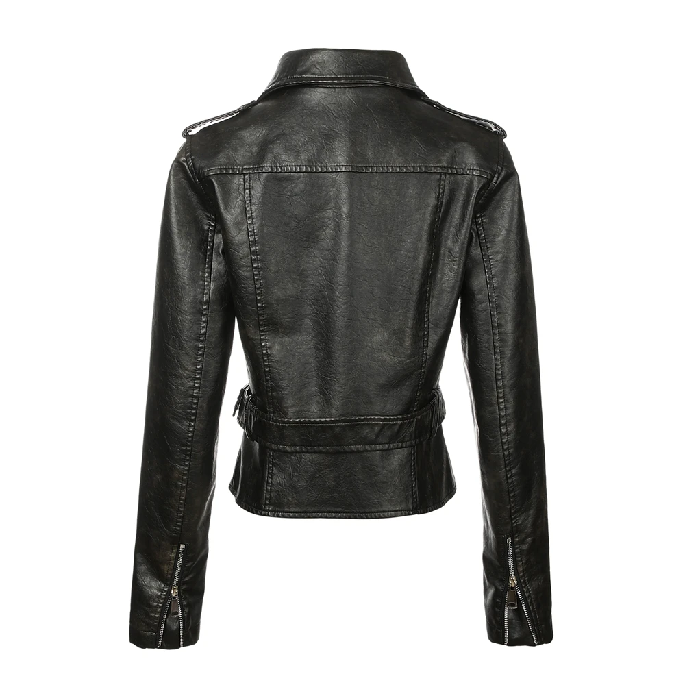 سترة نسائية غير متماثلة بسحاب من البولي يوريثان - ياقة دوارة وحزام قابل للتعديل |   جيوب بسحاب جانبي/كتافيات للكتف |   بلاك روك ركاب