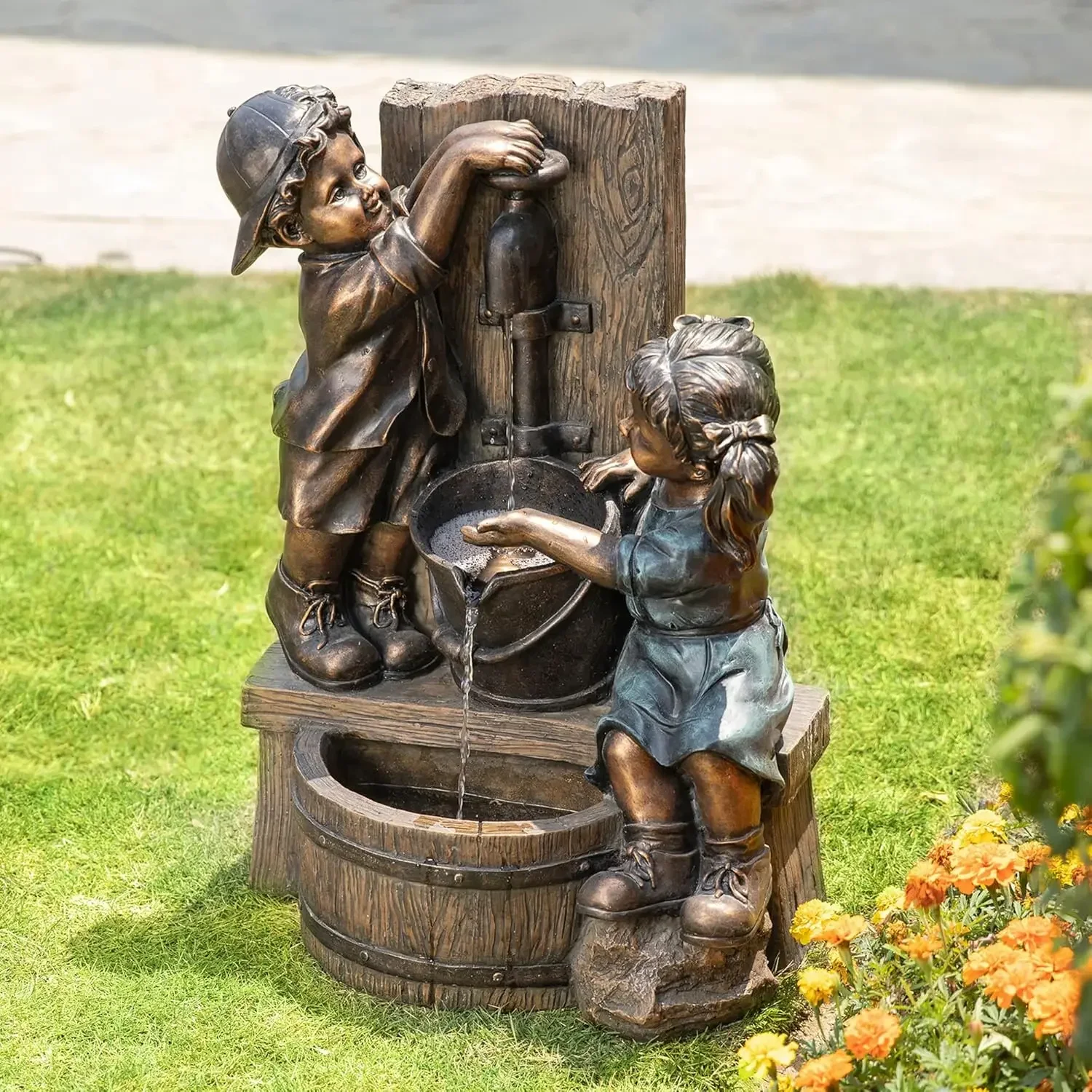 Outdoor Water Fountain with LED Light, Children Playing with Faucet Waterfall Fountains, Antique Bronze Resin Boy and Girl Statu