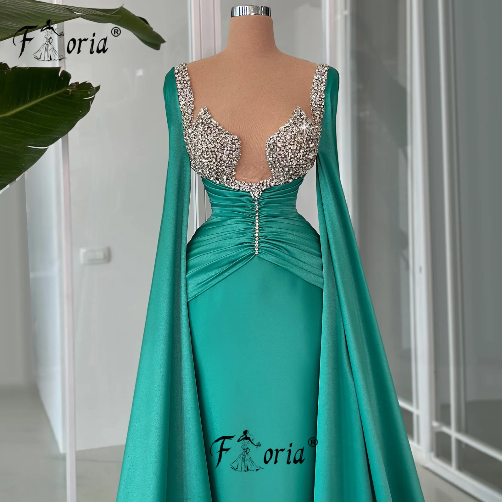 Long Cape Sleeve Crystals Mermaid Formal Evening Dresses Satin Pleats Customized Special Occasion Dress Plus Size Robe de soiree