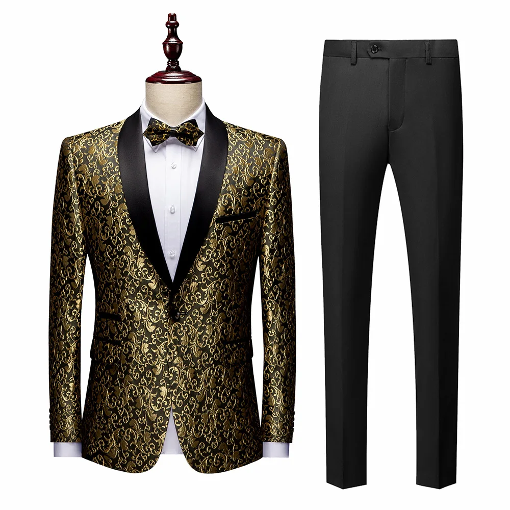 

Luxury Gold Wedding Men Slim Fit Suits Fashion Party Jacquard Blazers Evening Prom Floral Printing Jacket Pants 2 Pieces Tuxedos