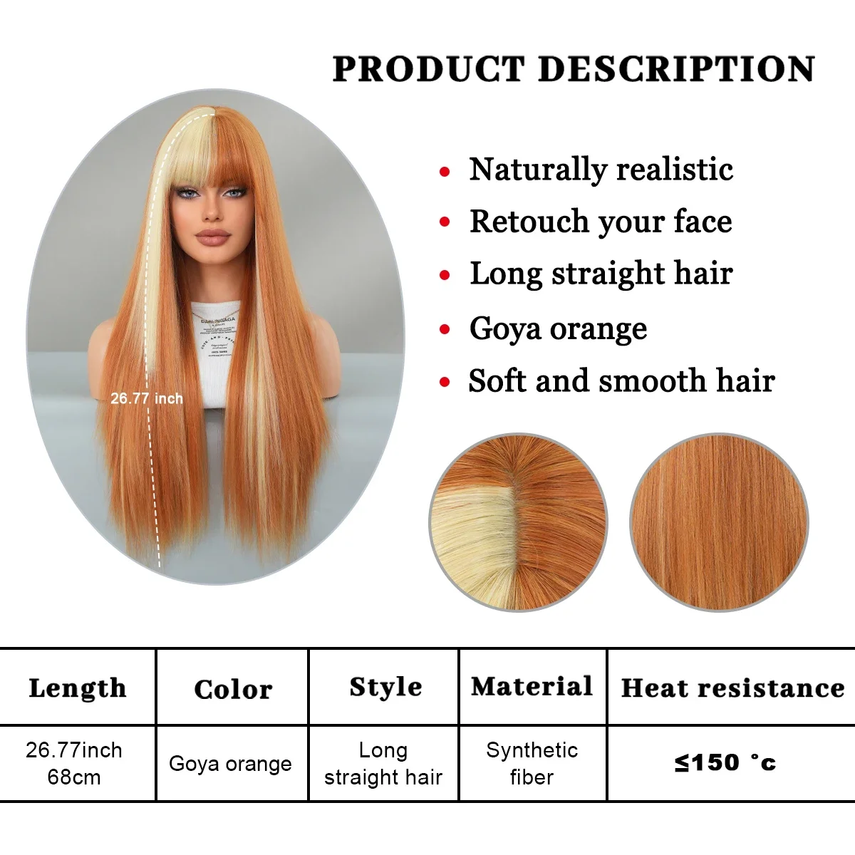 PARK YUN Cosplay Wig Synthetic Long Straight Blonde Ombre Orange Wig For Women Daily Party High Density Layered Wigs With Bangs