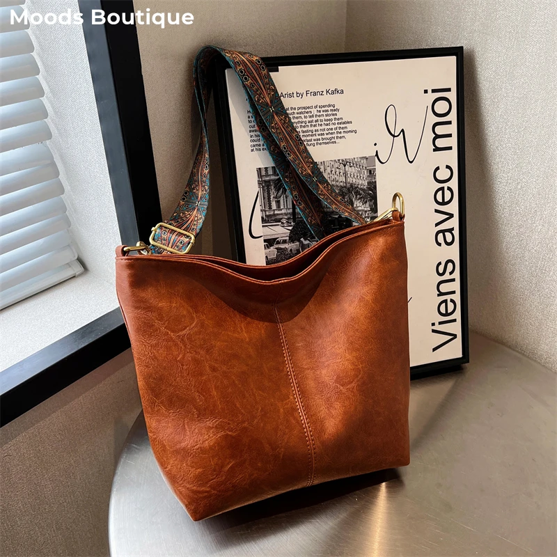 MOODS Retro Bucket Shoulder Bags For Women Soft PU Leather Solid Color Large Capacity Shopping Tote 2023 Designer Luxury Bag Sac