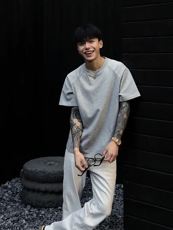 Boxy Shoulder Short Sleeve T-Shirt Half Length Splice Liquid Ammonia Cotton American Style Small Collar Thread Splice Summer ...