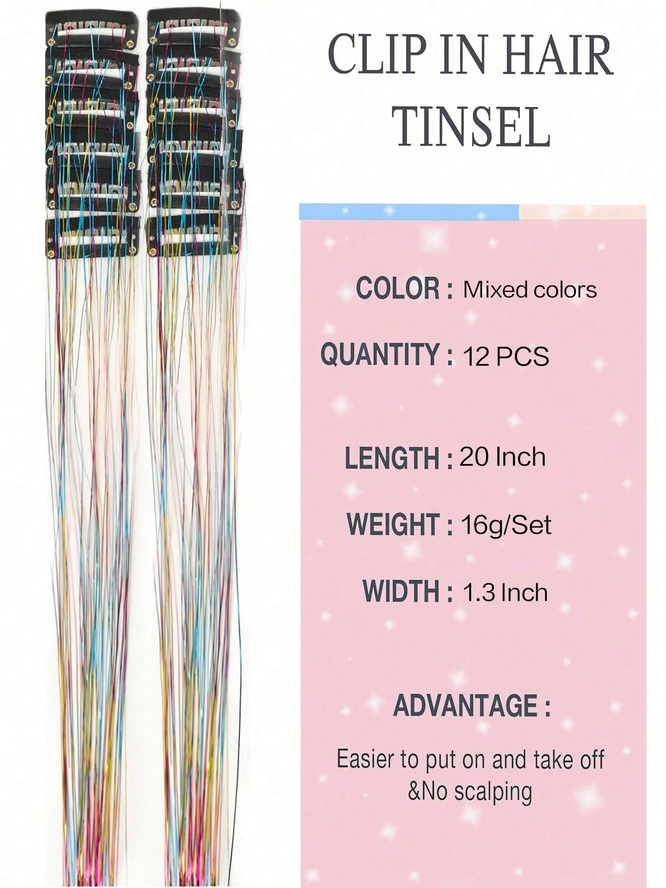 LM 12Pcs Synthetic Hair Tinsel 20Inch Clip in Glitter Tinsel Hair Clip in Hair Tinsel Kit Heat Resistant Shiny Sparkle Fairy Hai