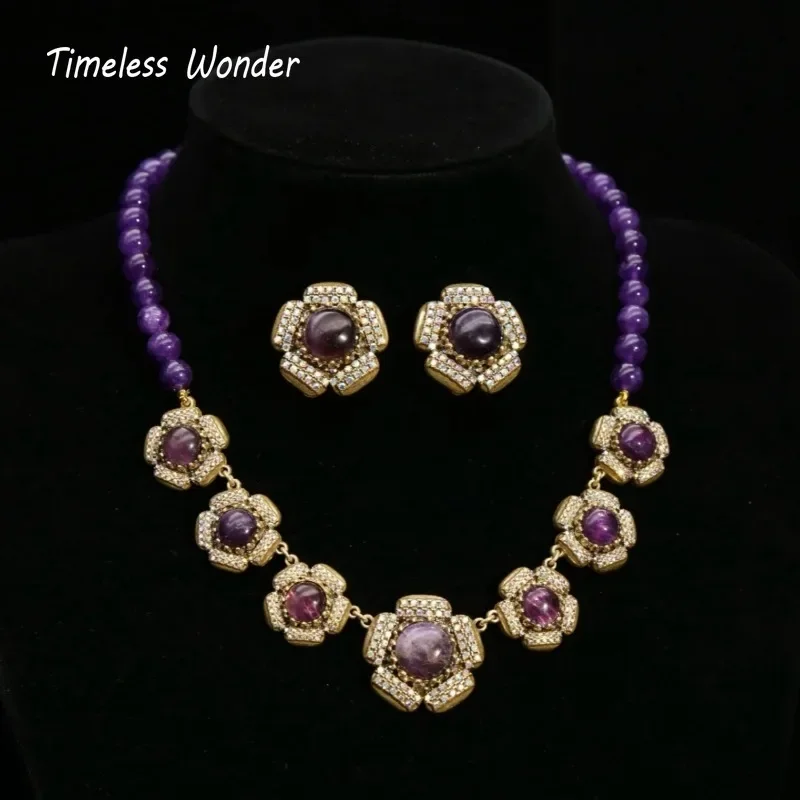 Timeless Wonder Retro Zircon Stone Floral Pave Necklaces for Women Designer Jewelry Runway Top Vintage Style Rare Gift Set 3629