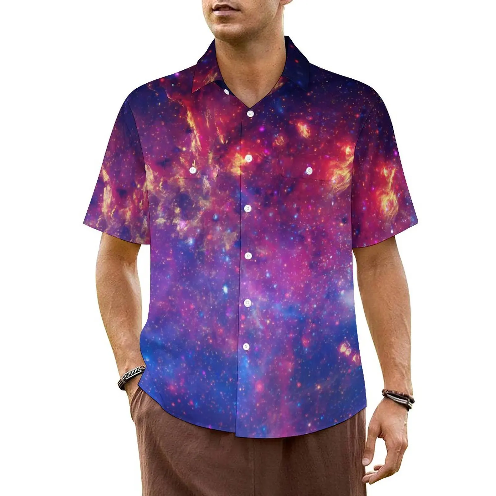 

Colorful Space Summer Shirt For Man Vacation Milky Way Galaxy Casual Shirts Short-Sleeved Street Style Vintage Oversized Blouses