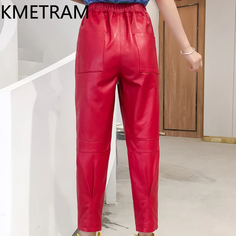 KMETRAM-pantalones bombachos de piel auténtica para mujer, pantalón de piel de oveja auténtica, ropa de cintura alta, otoño e invierno, 2024