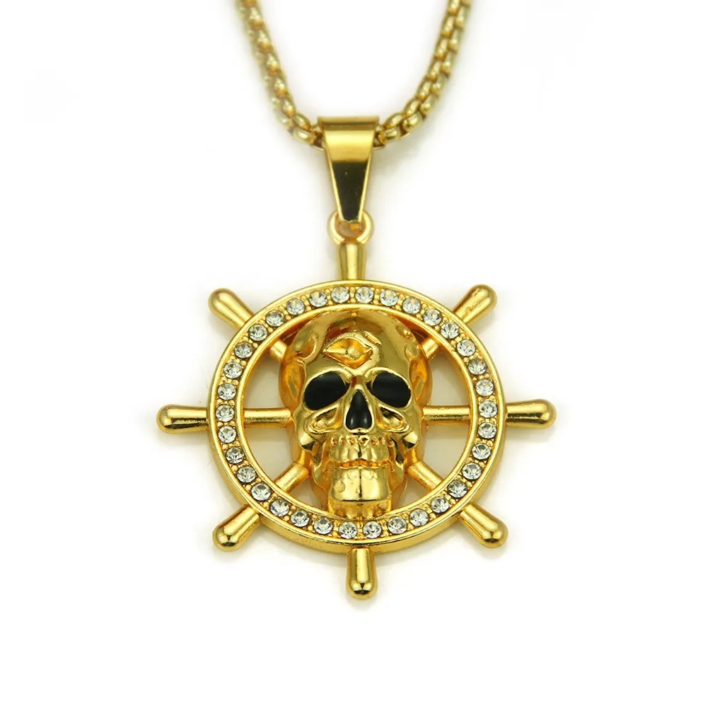 

Fashion Zircon Inlaid Skeleton Head Boat Anchor Pendant Necklace Charming Men's Pendant Necklace Hip Hop Punk Accessorie Jewelry