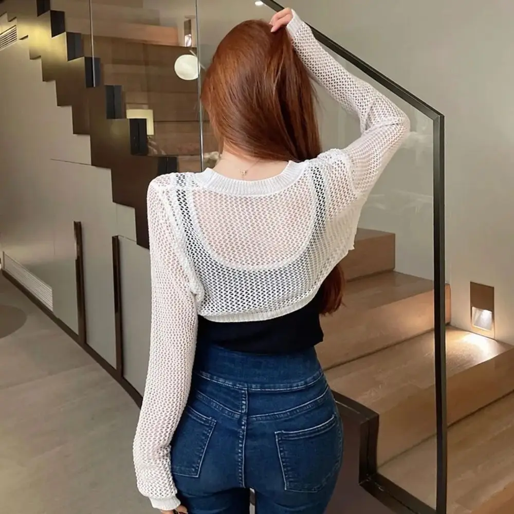 بلوزة نسائية محبوكة لتغطية ملابس الصيف الرقيقة الواقية من الشمس معطف قصير بأكمام مفرغة