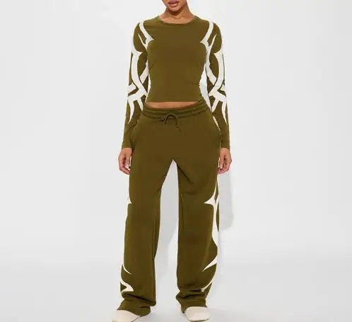 

2025 Осенний модный женский тренд, комплект из 2 предметов с круглым вырезом и геометрическим принтом, облегающий укороченный топ и свободные брюки с эластичной резинкой на талии