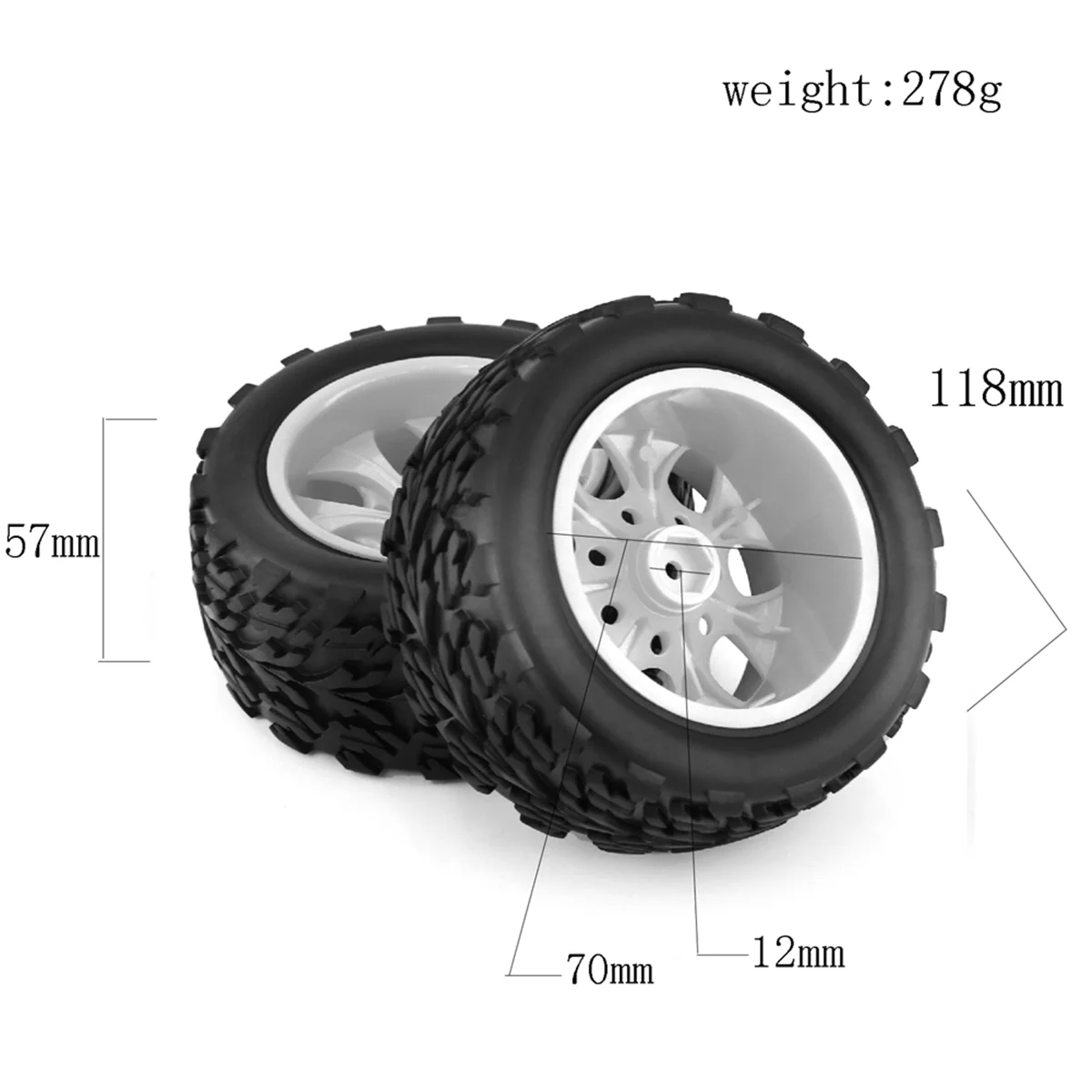 Neumático de Buggy Monster Truck RC, 4 piezas, 118MM, 1/10, inserciones de espuma de rueda, 12mm, hexagonal para Traxxas Arrma Redcat HSP Tamiya, blanco