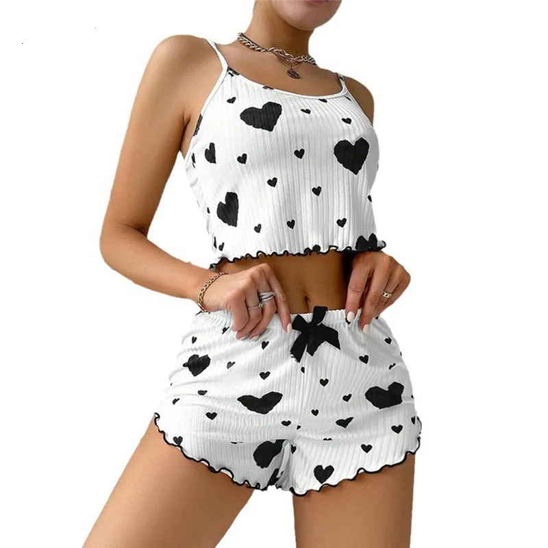 Women's new summer European and American pit strip love print design sweet suspender shorts pure pajamas