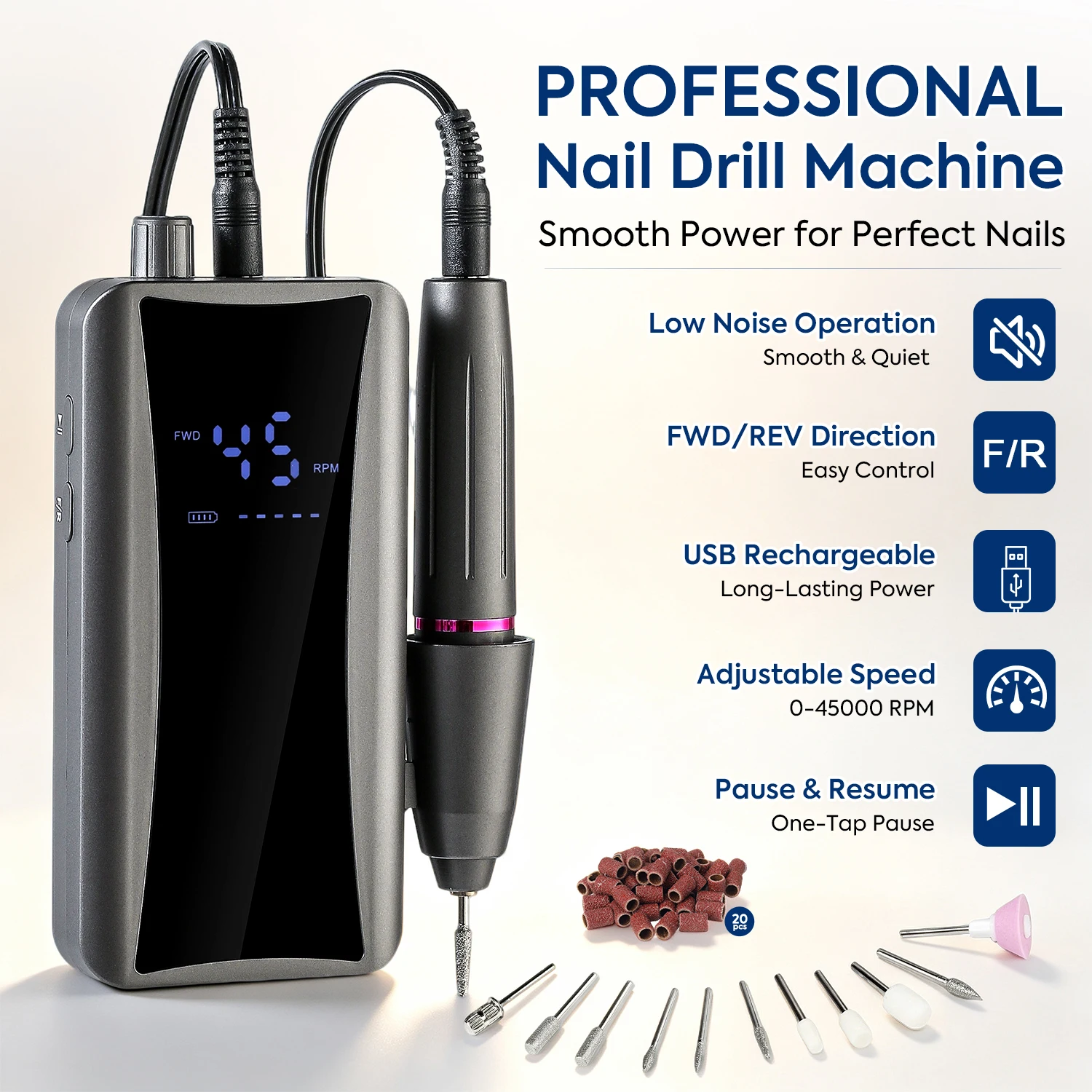 DianaBeauty 45000RPM Nail Drill Machine Professional Nail Polisher with LCD Display Electric Nail Files with Type-C Charging