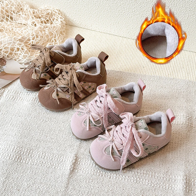 

Childrens Winter Sneakers Girls Bow Warm Casual Shoes Retro Leisure Sports Shoes Kids Toddler Non-Slip Comfortable Cotton Shoes