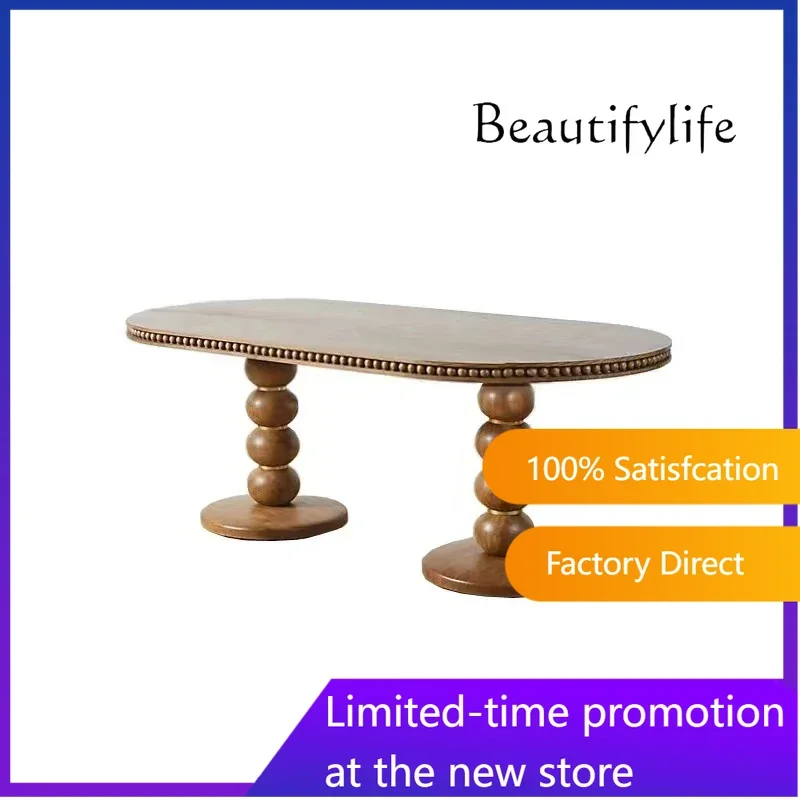 American rural retro solid wood dining table Roman column oval coffee table carving multi-person design dining table B & B