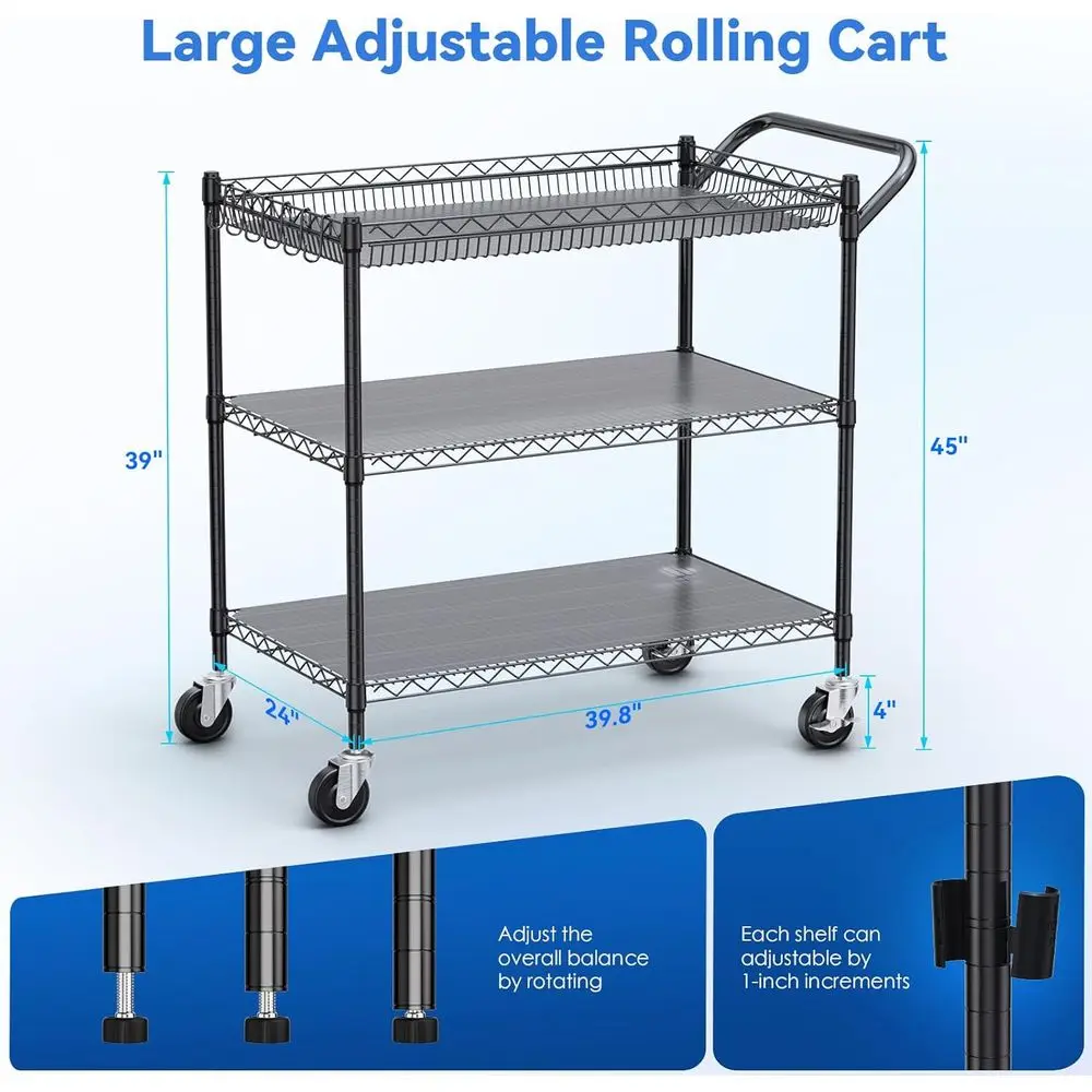عربة أدوات شديدة التحمل مكونة من 3 طبقات بسعة 1350 رطلاً، 24 × 45 × 39، عربة معدنية معتمدة من NSF للمرآب والمطبخ والمستودعات