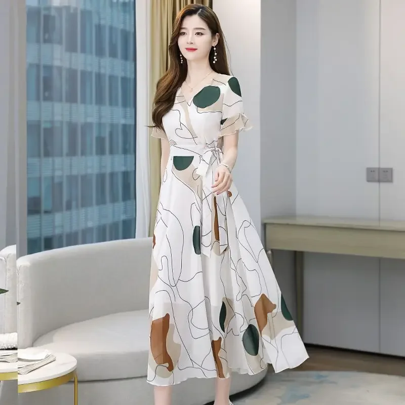 새틴 플라워 쉬폰 화이트 여성 드레스 붕대 미디 드레스 여성용 플로럴 실크 반팔 Y2k 우아한 파티 트렌디 비치