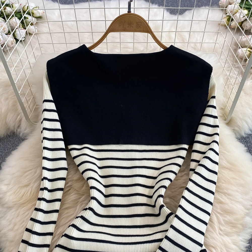 Sweet Navy Collar Striped Knitted Dress Long Sleeved Slim Fit Stretch Wrap Hip Dress Spring Female Split Mid Length Dress