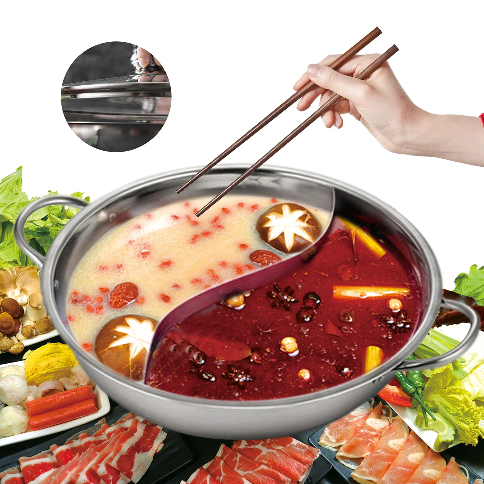 

10 Shabu Hot Pot 12" Stainless Steel Pot Dual Site Divider With Glass Lid For 2-5 People For Induction Cooktop Gas Stove