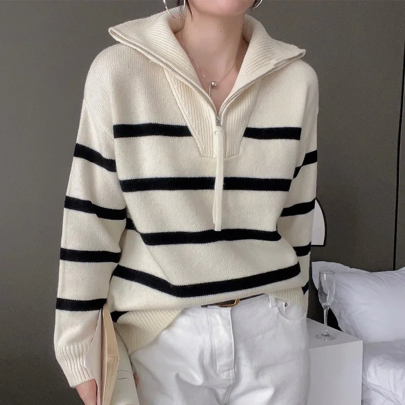 Autumn Winter Women\'s Striped Polo Collar Pullovers Sweater Half Zip Loose Lazy Warm Long Sleeve Jumper