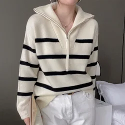 Autumn Winter Women's Striped Polo Collar Pullovers Sweater Half Zip Loose Lazy Warm Long Sleeve Jumper