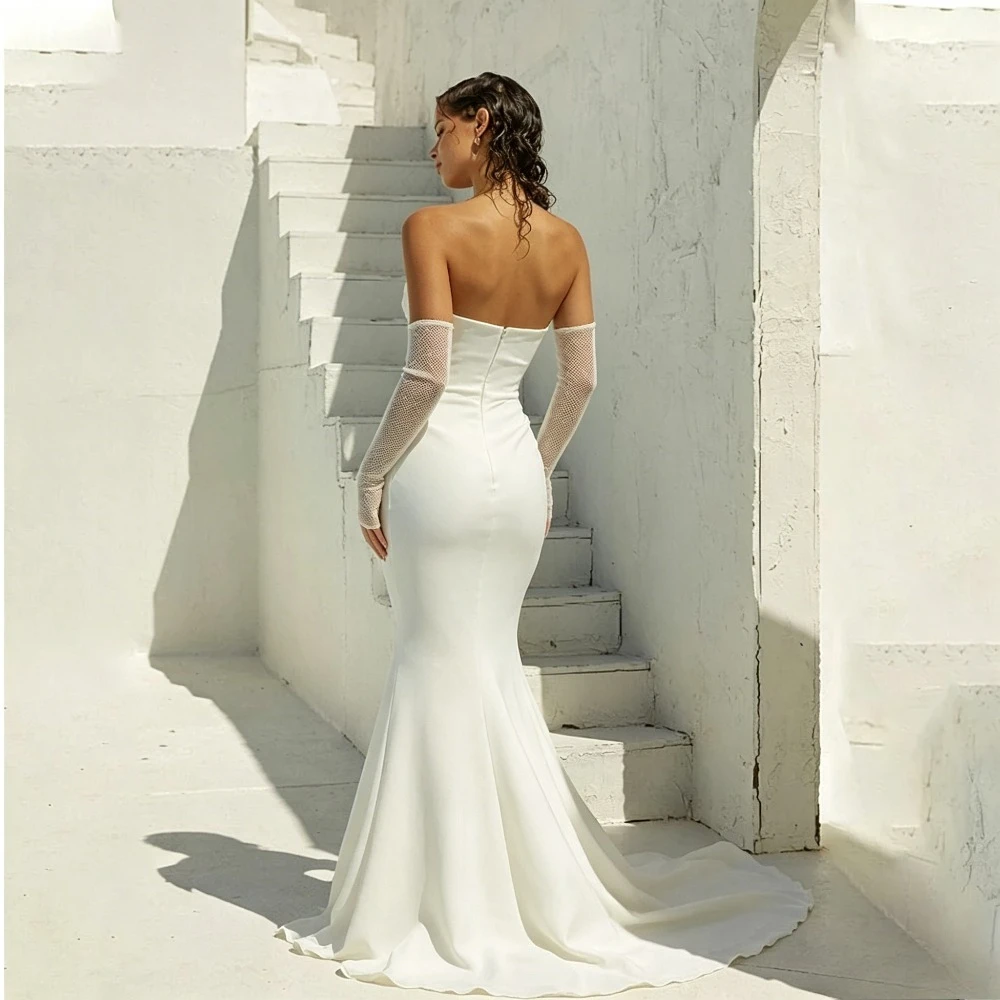 Customized Strapless Pleated Chiffon Mermaid Wedding Dresses 2026 White Minimalist Long Sleeved Satin A-line Bridal Gown Robe
