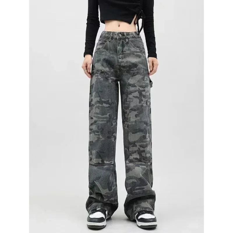 

Женские длинные свободные повседневные брюки, джинсы, джинсовые брюки-карго, камуфляжные прямые брюки, карман на пуговицах с высокой талией, осенняя новинка