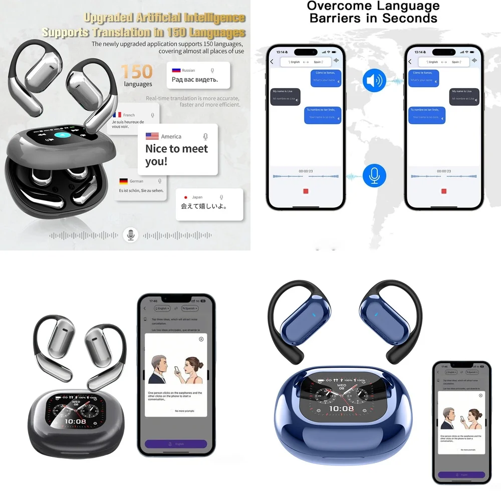 Écouteurs Traducteurs de Langues Sans Fil avec Appels Clairs, Traduction IA en 144 Langues en Ligne et Écran LCD pour les Voyages