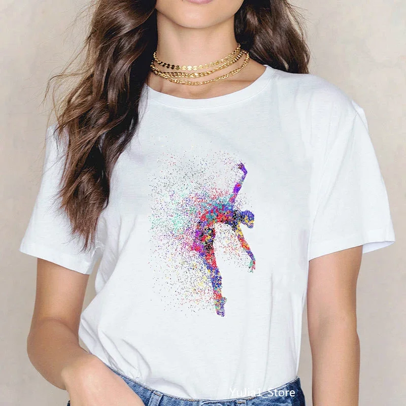 New Watercolor Girl Playing Baseball/Volleyball/Football/Skating/Fencing/Dancing/Yo Ga Print T Shirt Women Cute Summer Tops