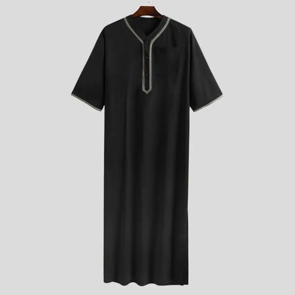 Men Robe Retro V Neck Button Chest Pocket Short Sleeves Loose Malaysia Middle East Arabian Dubai Traditional Maxi Robe Long Top